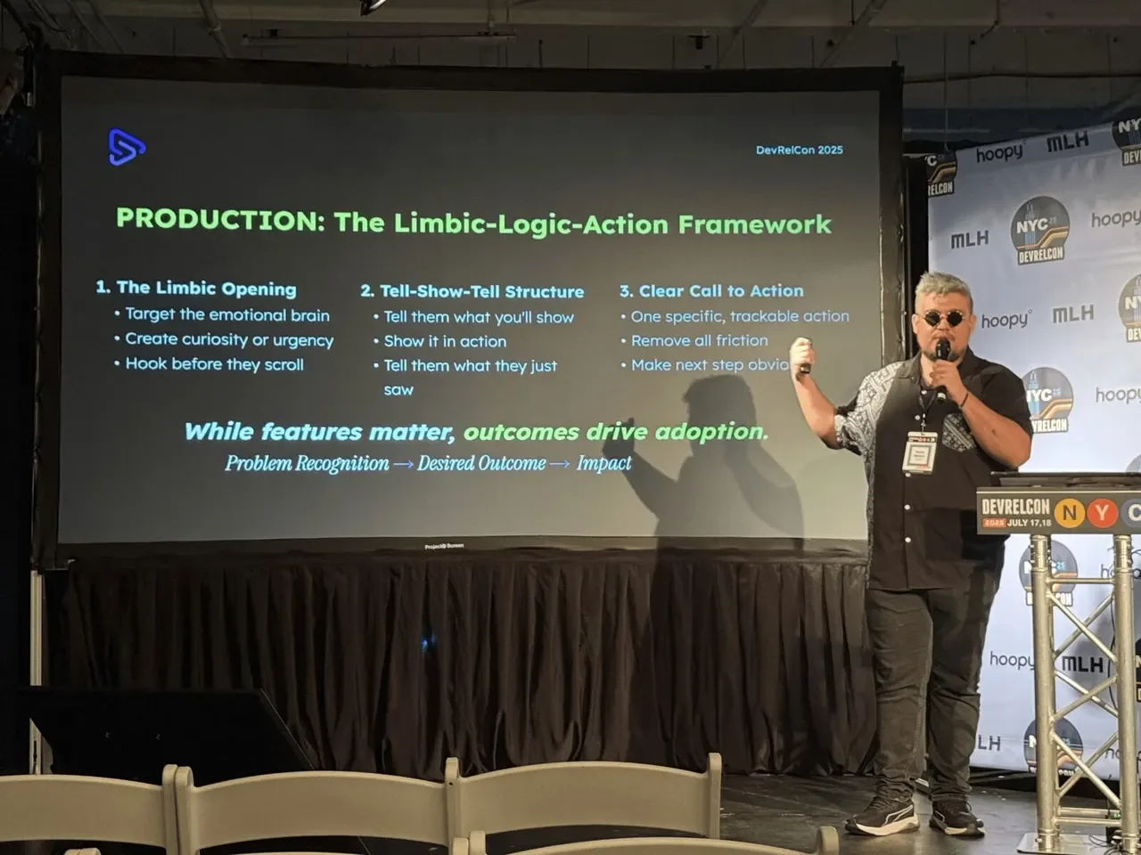 Kevin presenting the Limbic-Logic-Action framework slide at DevRelCon